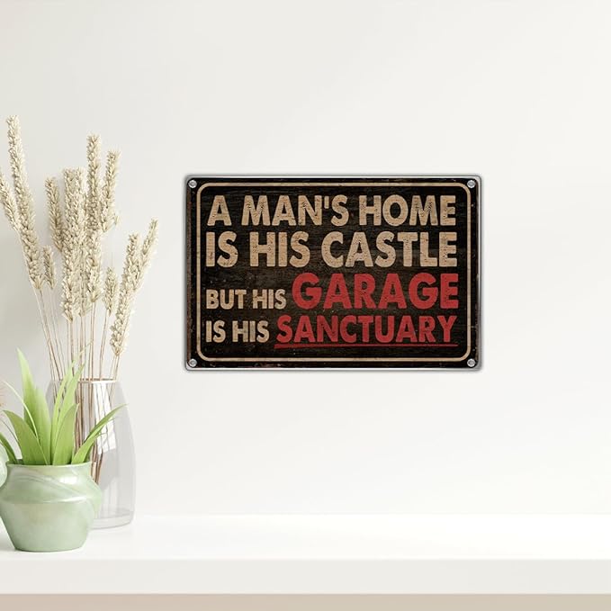 Man Cave Wall Decor Garage For Men Vintage Metal Sign Decoration A Man's Home Is His Castle But Sanctuary 12 x 8 Inch Art Kitchen Aluminum Indoor Outdoor
