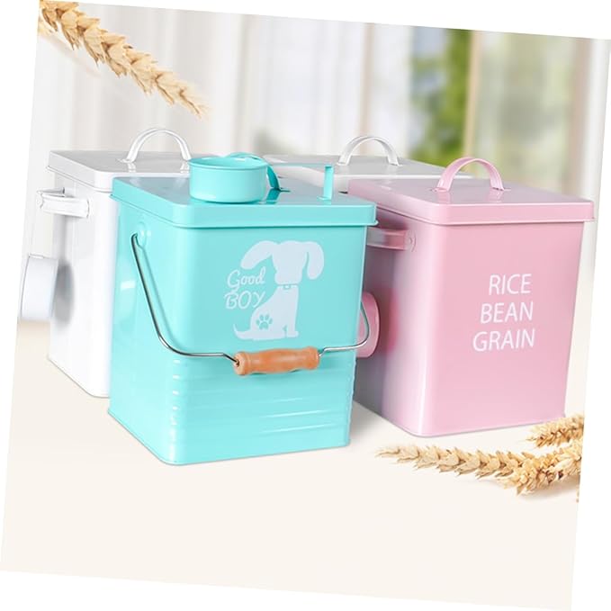 Airtight PET Food Storage Container Metal Grain Bucket with Moisture Features for Dog Cat Food Includes Spoon 5L Capacity