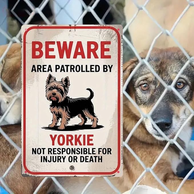 Beware of Dog Sign for Fence- Warning Dog Metal Signs- Yorkie Funny Warning Tin Signs 8x12 Inch
