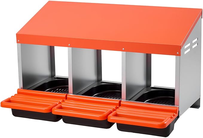 VEVOR Chicken Nesting Boxes, 3 Compartments, Metal Egg Laying Boxes with Protective Collection Lids, Roll Out Nesting Box, Easy to Assemble, Ideal for Hens, Ducks, Chickens, and Other Poultry, Orange
