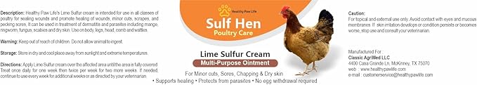 Healthy Paw Life Sulf Hen Lime Sulfur Cream for Poultry Care – Ointment for Pecking Wounds, Chapped Skin, Cuts, Infections and Dermatitis – 2 oz