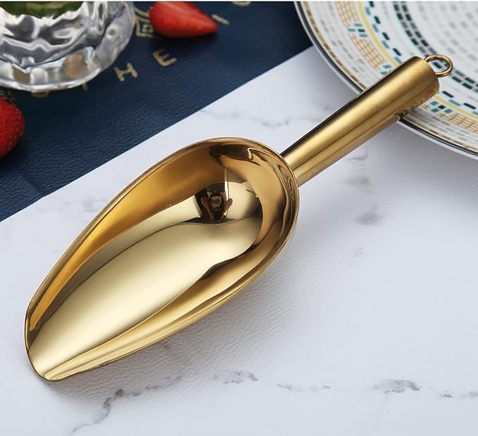 Berglander Stainless Steel Gold Ice Scoop 6 OZ, Titanium Golden Plating Metal Ice Scooper For Ice Maker, Multipurpose For Candy Wedding Kitchen Bar Party, Pet Animal Dog Food Scoop Beach Shovel