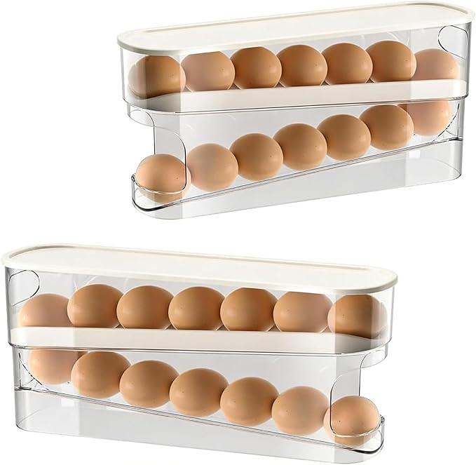 Auto Rolling Egg Holder for Fridge, Space Saving Eggs Dispenser, Sturdy and Durable Egg Traywith Lid, Stackable Fridge Container and Storage for 14 Large Eggs(2PCS)