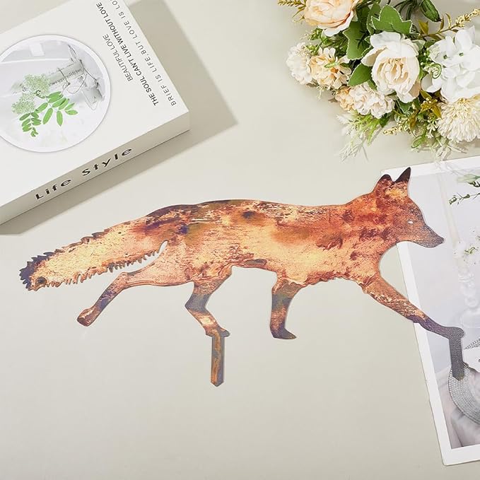 CREATCABIN Metal Fox Outdoor Decor Fox Garden Stakes Rustic 3D Sneaky Animal Art Sculptures Figures Decoration for Patio Lawn Yard Backyard Art Decoration Housewarming Chocolate Color 8 x 15 inch