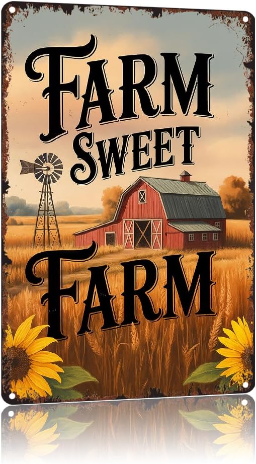 Farm Sweet Farm Rustic Countryside Motif 8x12 Inch Vintage Aluminum Metal Tin Signs-For Backyard Patio Porch Kitchen Living Room Wall Decor