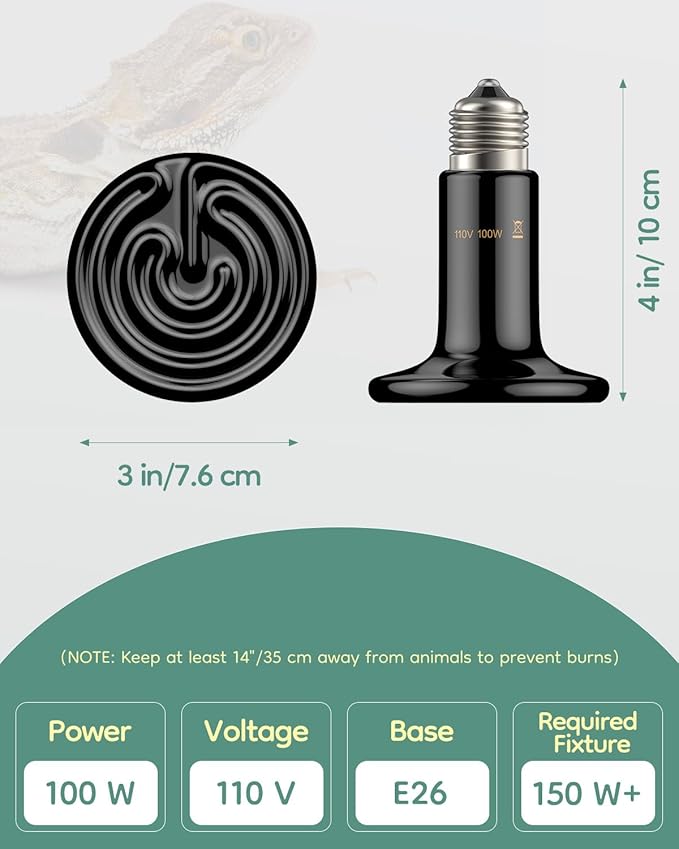 Pawfly 100 W E26 Ceramic Heat Emitter for Reptiles, No Light Emitting Reptile Heat Lamp Bulb, Infrared Ceramic Heat Bulb for Amphibian Chicken Snake Lizard, Ceramics Heat Lamp, Pet Brooder Coop Heater