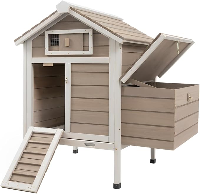 Chicken Coop Rabbit Hutch with Removable Trays,Raised Floor Hen House with Nesting Box,Wooden Outdoor Poultry Cage Pet House with Ramp Run Hen Cage for Garden Backyard,Grey