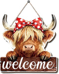 Farmhouse Wall Decor, Highland Cow Welcome Sign with Red Bow, Rustic Wood Hanging Plaque, Watercolor Oil Painting Style Farm Animal Wall Art for Country Porch Kitchen or Entry, 9.8x9.6 Inches