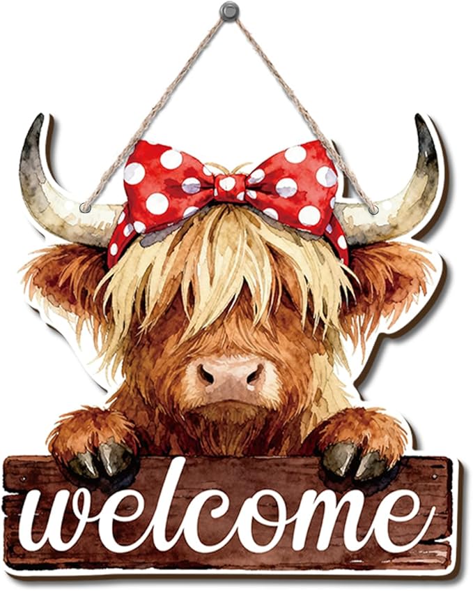Farmhouse Wall Decor, Highland Cow Welcome Sign with Red Bow, Rustic Wood Hanging Plaque, Watercolor Oil Painting Style Farm Animal Wall Art for Country Porch Kitchen or Entry, 9.8x9.6 Inches
