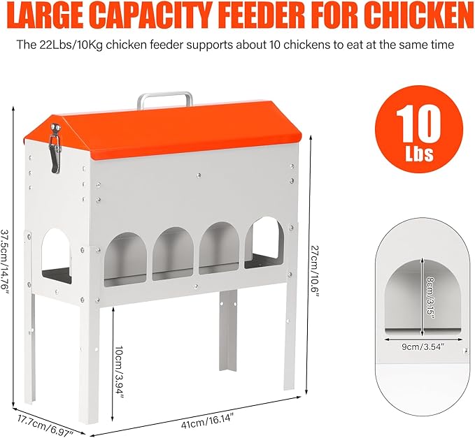 Chicken Feeder No Waste 15 Pound 7lb,10 Feeding Ports,with Metal Feeder Box Stands for Chicken Poultry Duck,No Food Buildup at The Bottom