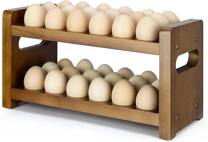 Egg Holder Countertop, 2-Tier Wooden Egg Holder for 36 Eggs, Wooden Countertop with Carry Handle for Chicken, Duck, and Quail Eggs