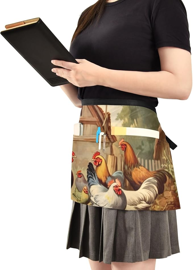 Farm Chickens 3-Pocket Server Apron Professional Waist Apron for Waitress, Bartender & Restaurants, Water-Resistant Half Apron for Men Women