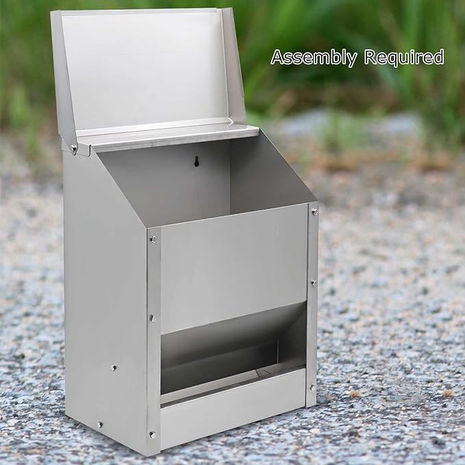 Stainless Steel Hanging Chicken Feeder with Lid No Waste Weatherproof Metal Automatic Poultry Feeder Wall Mount Outdoor Chicken Coop Food Dispenser Feeder for Chickens Ducks (25Lbs)