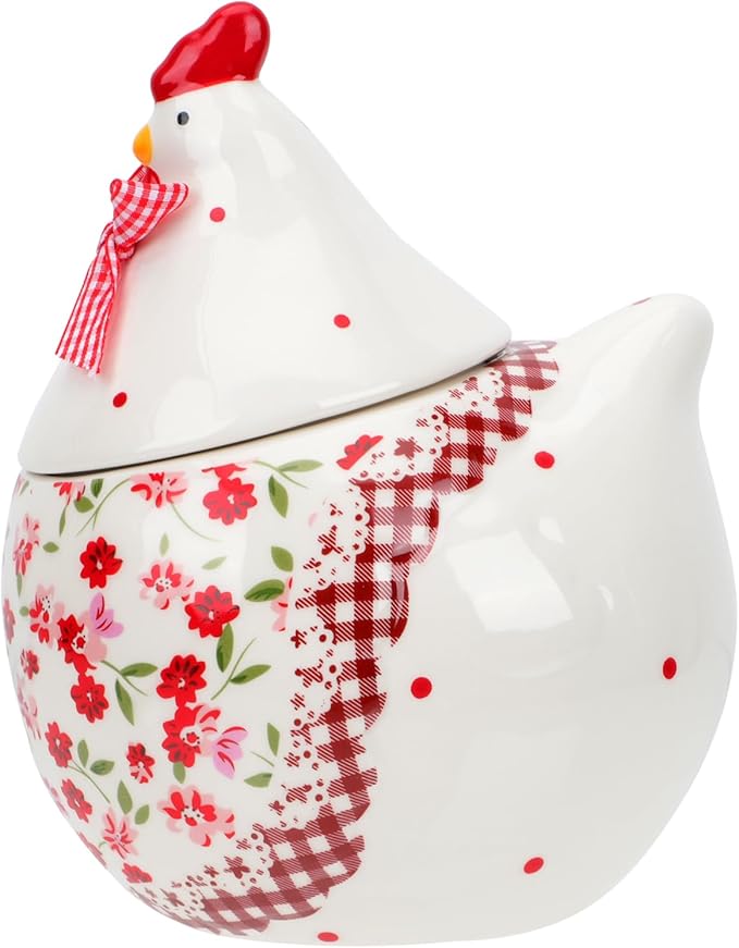 Alipis Chicken Cookie Jar - Red Floral Ceramic Hen Storage Tank - Decorative Farmhouse Candy Canister for Easter, Kitchen Countertop and Spring Decor