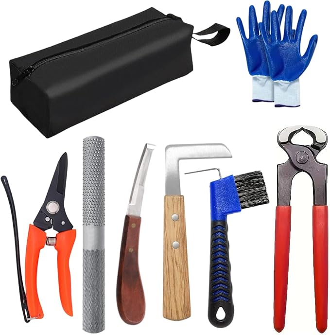 10 inch Farrier Tool Kits （8 Piece）Horse Goat Hoof Trimmers Carbon Steel Nippers Shears Nail Clipper Mini Rasp Hoof File Professional Farriers Hoof Nipper Cutter Handle Knife with Storage Bag