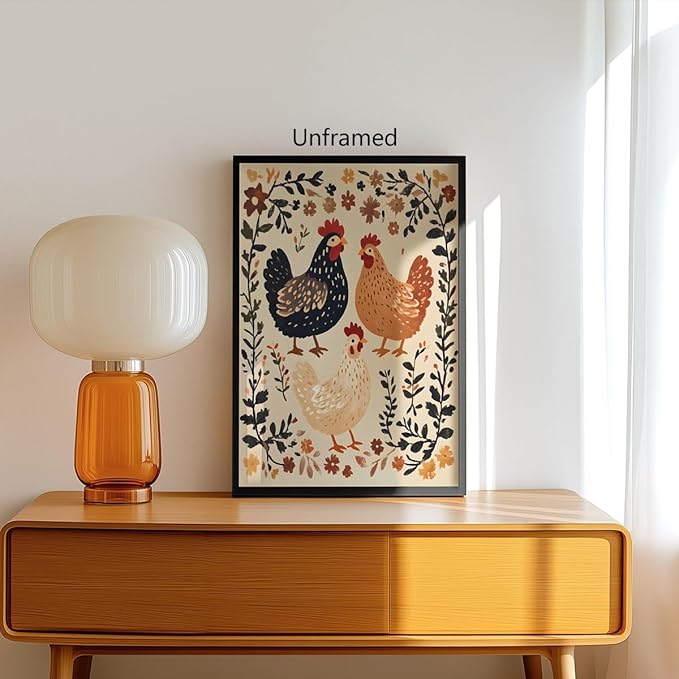Nursery Animal Canvas Wall Art, Farmhouse Chickens Poster, Rustic Botanical Floral Painting, Cozy Folk Art Print, Countryside Animal and Flowers Painting for Kids Room 8x12in Wrapped Canvas