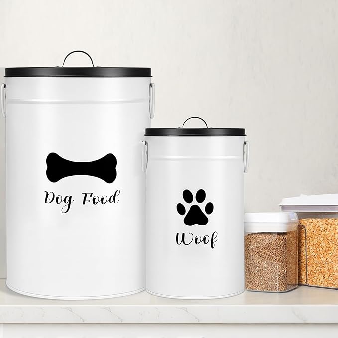 Extra Large 30+14 lbs Metal Dog Food Storage Containers Set of 2 Airtight Dog Treat Snack Jars with Lids and Spoon Farm House Style Big Pet Cookie Storage Bin for Kitchen Counter Gift