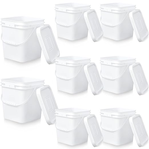 Mumufy 8 Pcs 3.5 Gallon Square Food Grade Bucket with Lid Square Bucket Pail Plastic Handles for Long Term Food Storage, Camping, Fishing, Home Organization Easy Stack and Store (White)