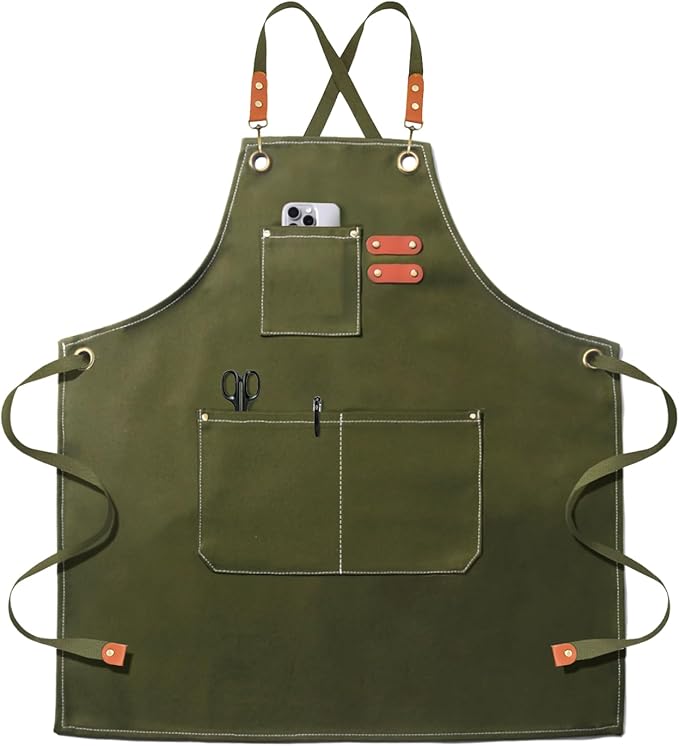 Chef Apron for Men Women Canvas Aprons with 3 Pockets Cross Back Resistant Work Apron for Cooking
