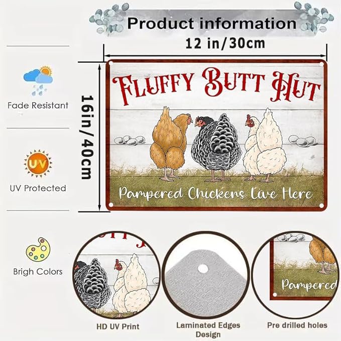 Fluffy Butt Hut Metal Tin Sign Funny Chicken Coop Sign For Home Decor Kitchen Decoration Wall Art Farm Farmhouse Vintage Decor Chicken Coop Accessories 12X16 Inch
