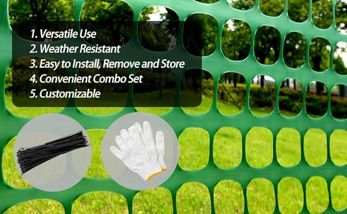 PotatoLife Plastic Mesh Fence Safety Fence, 2 Roll 4'x100' with 100 Zip Ties, Resuable Temporary Netting for Garden Fencing, Construction, Snow Fencing, Animal Barrier, Poultry, Deer, Patio, Green