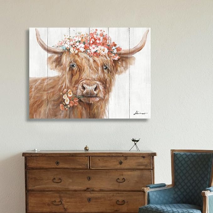 Yidepot Highland Cow Decor for Farmhouse: Retro Scottish Calf pictures hold Flowers Inspirational Quote Canvas Wall Art for boy's bedroom Kitchen Framed Ready to Hang Size 32"x24"