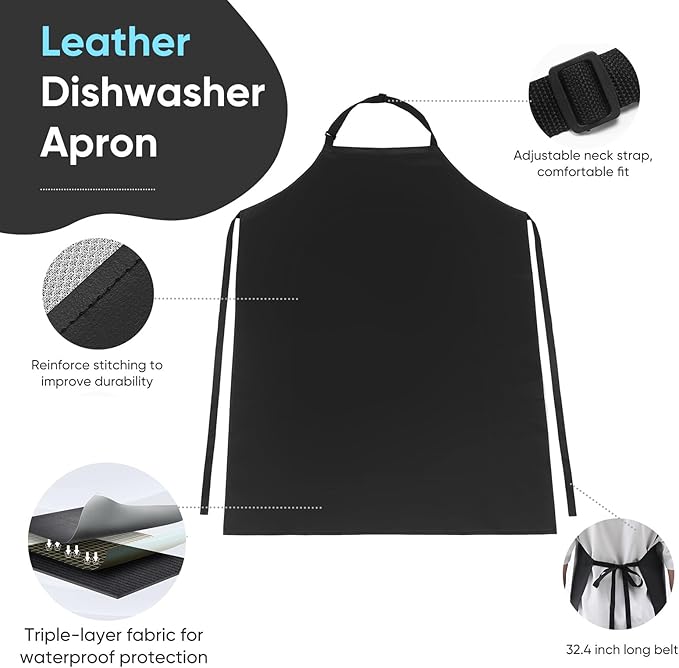 Waterproof Apron 43in PU Leather Heavy Duty for Gardening, Dishwashing, Meat Processing, Car Washing, and Pet Grooming