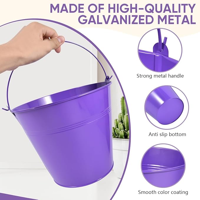 OBTANIM 7 Pack Purple Metal Buckets with Handle Galvanized Ice Pails for Plants, Succulents, Party Favors Organizing, Rustic Home Decor or Classrooms Pencil Storage (9.1 x 6.7 inch)