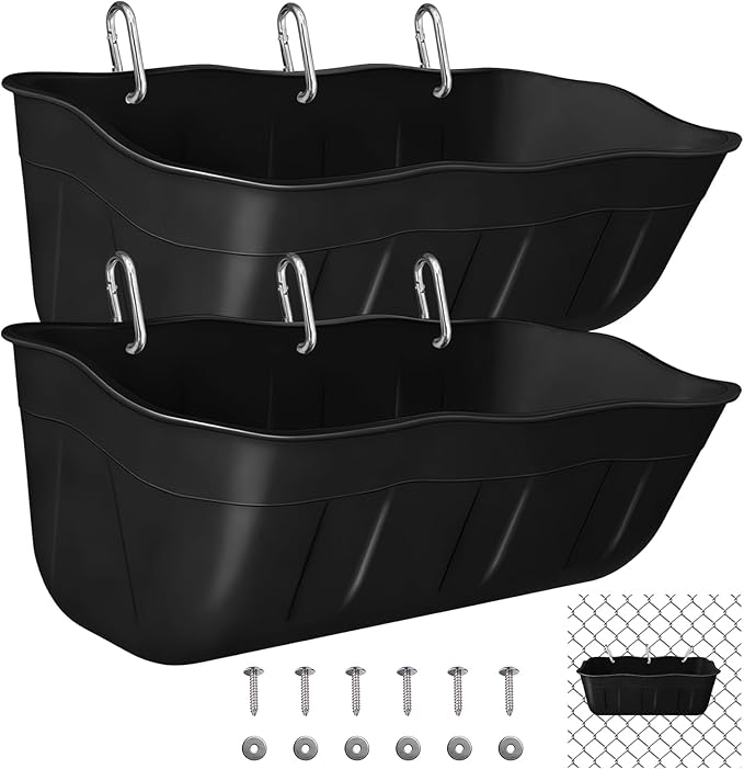 Hanging Goat Feeders,Chicken Feeder Waterer,Large Feed Trough 7.5 Quart 2 Pack,Hanging Fence Feed Trough for Poultry Livestock,Black