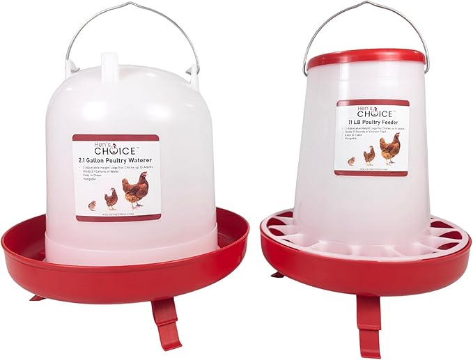 Hen's Choice Chicken Feeder and Waterer Set, 11 lb Feed Capacity, 2.1 Gallon Water Capacity, Adjustable Height (Red)