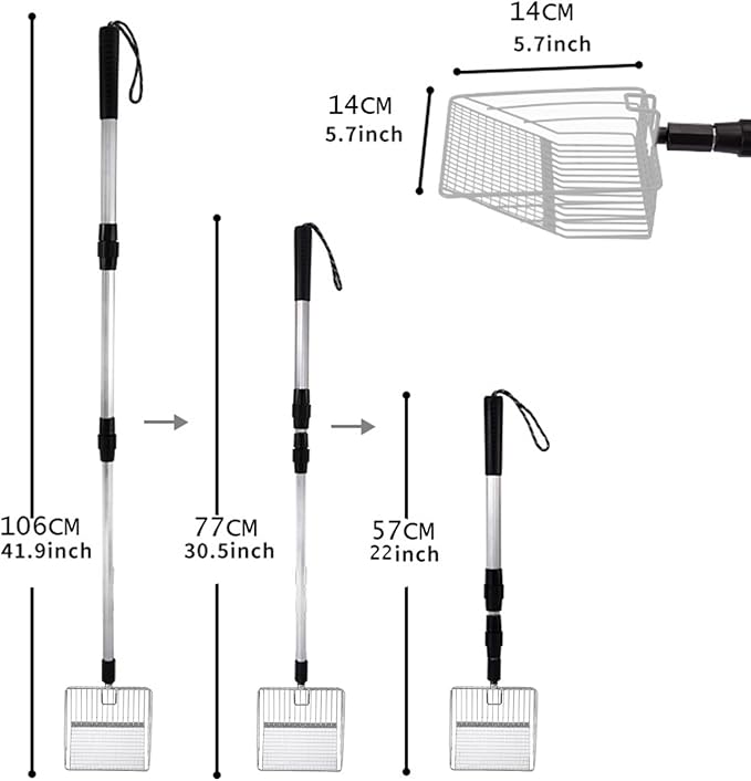 Cat Litter Scoop with Long Handle, 3 in 1 Adjustable 22" to 42" Chicken Coop Litter Scooper, Metal Pooper Sifter, Chicken Coop Sand Scooper, Sturdy Pet Care Tool, Chicken Coop Accessories