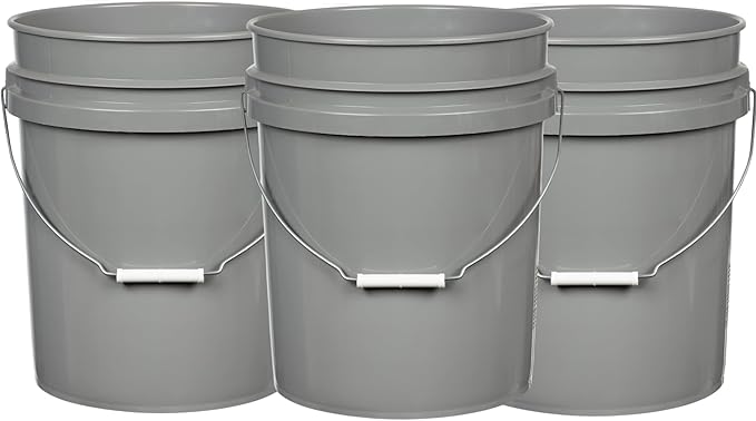 House Naturals 5 Gallon Food Grade Made in USA Plastic Bucket with Screw On Air Tight Double Gasket lid, (Pack of 3) (Gray Buckets - Aqua Lids)