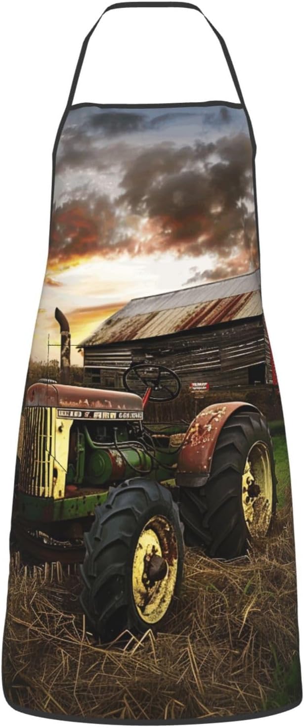 Old Tractor Photo Farm Printed Adjustable Chef Apron with Pockets - Unisex Cooking Apron for Kitchen Grill Painting & Restaurant Use