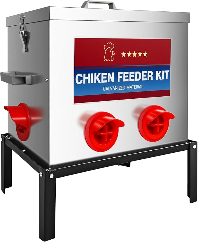 RYFT Chicken Feeder Box 40 Lbs-6 Feeding Port, Galvanized Metal No - Waste Poultry Feeder with Adjustable Legs & Locking Lid