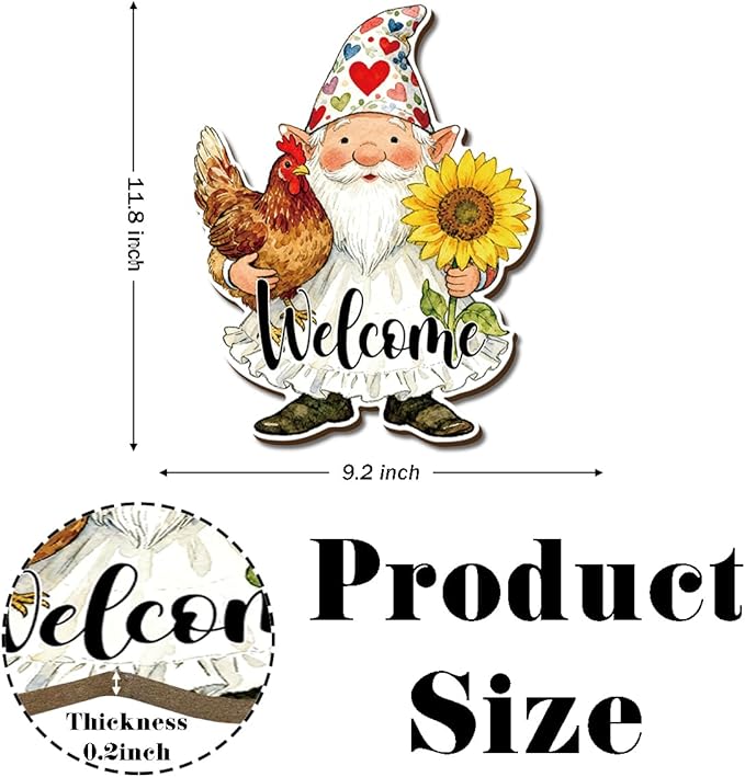 Farmhouse Wall Decor, Gnome Welcome Sign with Chicken and Sunflower, Rustic Wood Hanging Plaque, Watercolor Farmhouse Painting Style Wall Art for Porch Garden Kitchen or Entryway, 11.8x9.2 Inches