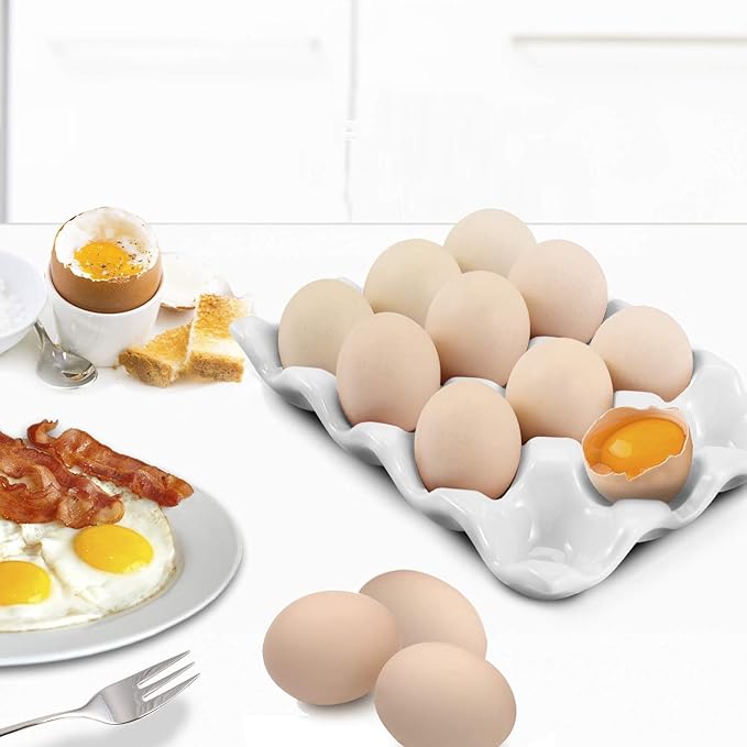 Flexzion Egg Ceramic & Porcelain Egg Holder, 12-Piece Non-Slip Tray Storage Box, White