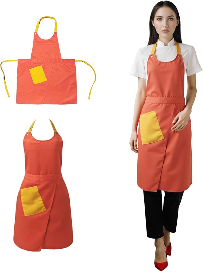 Kitchen Apron with Pockets for Adults,Waterproof Cooking Aprons for Women/Men,Baking/Grilling,Green/Orange/Wine Red