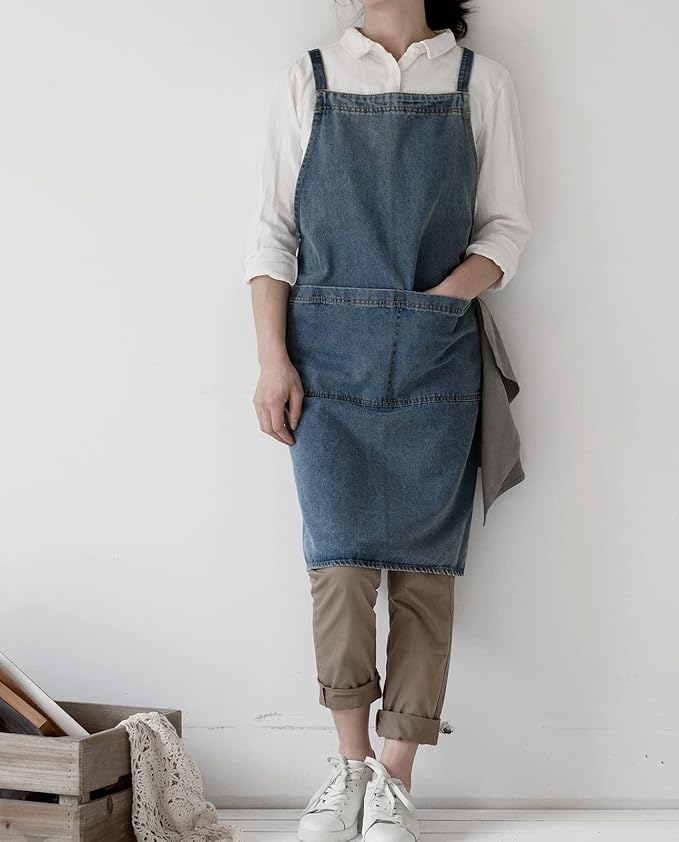 Cotton Denim Apron Soft - Unisex Adjustable Bib Apron with 5-Pockets Perfect for Kitchens