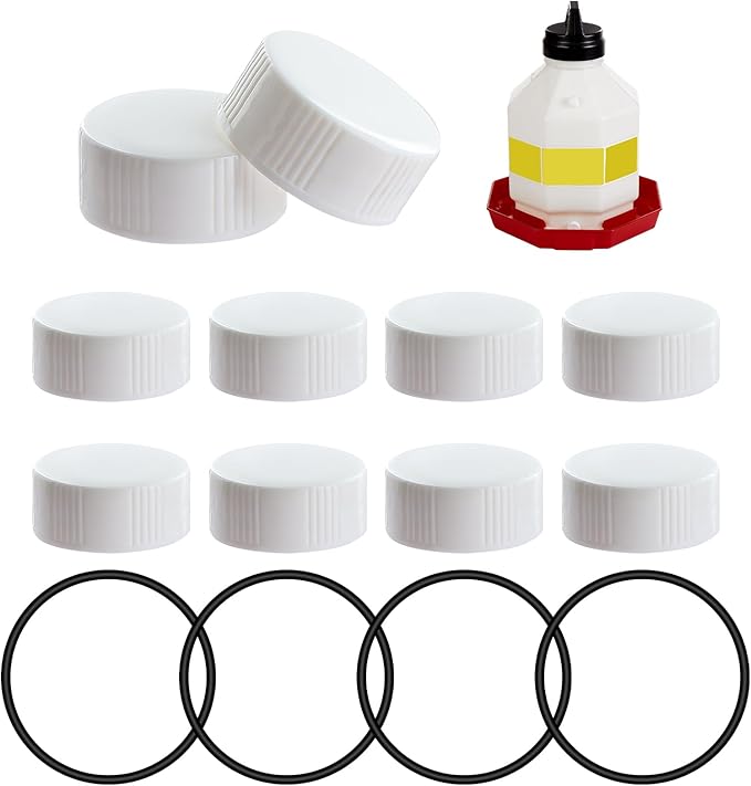 Plastic Poultry Waterer Replacement Parts Kit - 10 Caps & 4 O-Rings, Compatible with Miller, Little Giant PPF & Farm-Tuff 3/5/7 Gallon Poultry Founts (White)