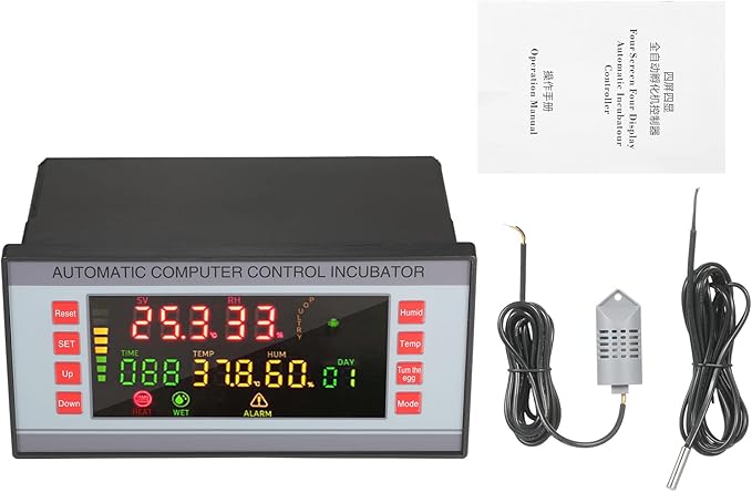 Egg Incubator Controller with Temperature and Humidity Sensor Probe, Digital Thermostat, Dual-Channel, LED Display, Automatic Egg-Turning, AC 160V-220V, 6.29x3.14x3.74 Inch