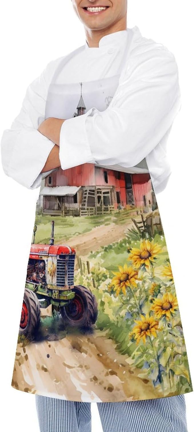 Vintage Watercolor Old Tractor Kitchen Apron, Oil Painting Western Farmhouse Harvest Farm Sunflower Tractor Apron