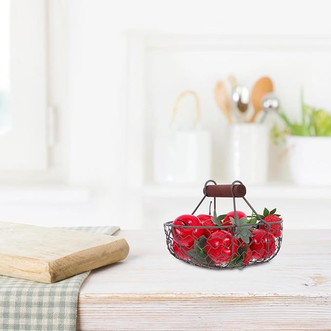 Chicken Wire Egg Basket Wooden Handle Retro Iron Storage Basket for Collecting Eggs, Fresh Fruit, Bread, and Snacks