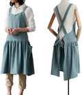NEWGEM Cotton Linen Cross Back Apron for Women with Pockets for Gardening Cleaning Turquoise with Waist Ties