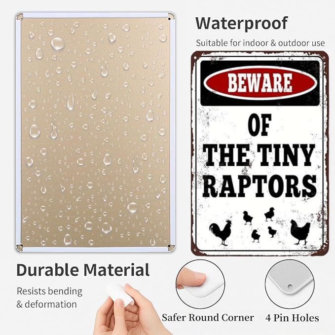 Beware of The Tiny Raptors Vintage Metal Sign, Chicken Art 7.8"11.8" Inches, Chicken Coop Farm Decor with Pre-Drilled Holes