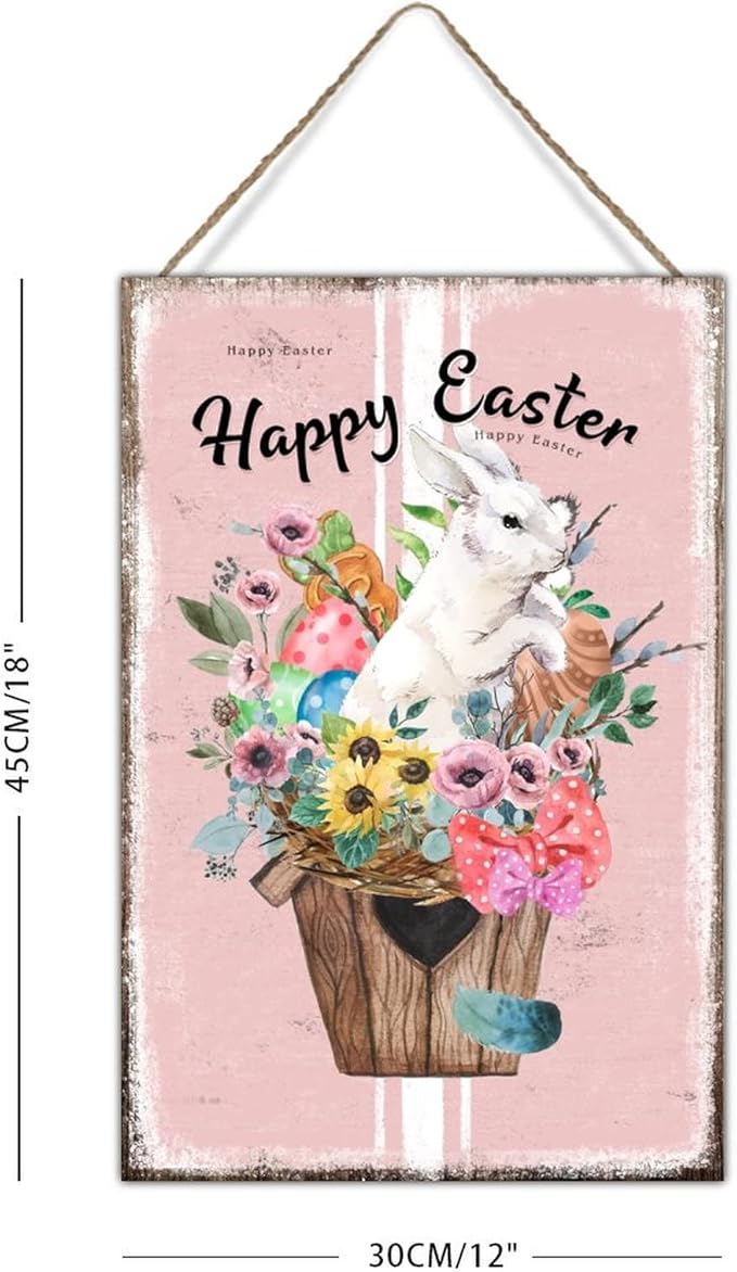 Happy Easter Flower Basket Bunny Wooden Sign French Style Floral Pink Stripes Wood Plaque Easter Eggs Farmhouse Bunny Wood Hanging Signs for Laundry Room Bedroom 12x18in