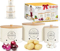 Canister Sets for Kitchen Counter with Wooden Bamboo Lids, Kitchen Canisters for Countertop, Stackable Steel Farmhouse Canisters for Potato Storage, Onion and Potato Storage Bins - Cream