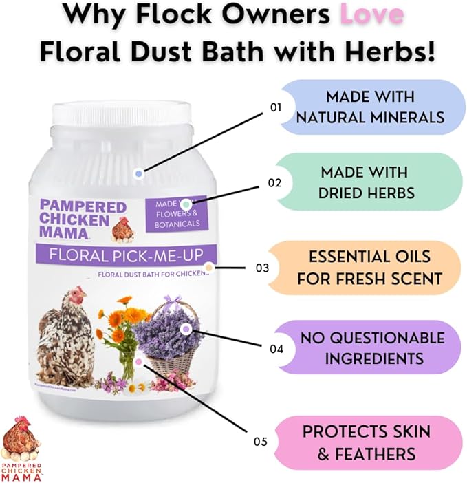 Pampered Chicken Mama Floral Dust Bath with Premium Herbs & Flowers: All Natural Poultry Supplies for Hens Who Love Bathing in Chicken Coops - Pick Me Up Floral Dust Bath (6 pounds)