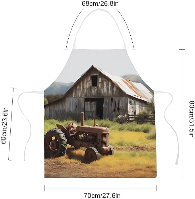 Old Wooden Barn Tractor Apron For Men Women, Adjustable Kitchen Aprons Adult Size Chef Bib Apron For Cooking Grilling Painting Gardening