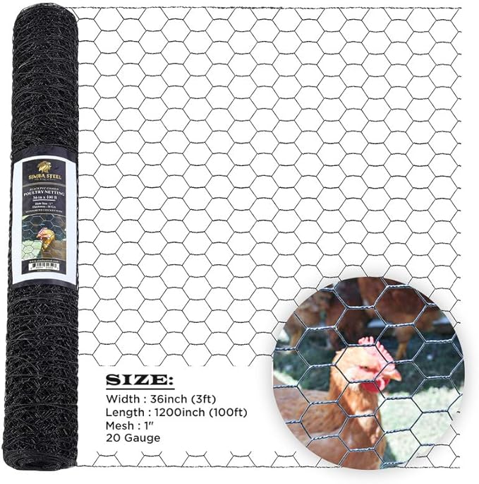 36” x 100 FT PVC Hexagonal Poultry Netting Chicken Wire | 1" Mesh | 20 Gauge | Black PVC Vinyl Coated | Rust Proof | for Garden, Fence, Chicken, Rabbit, Pet Enclosure