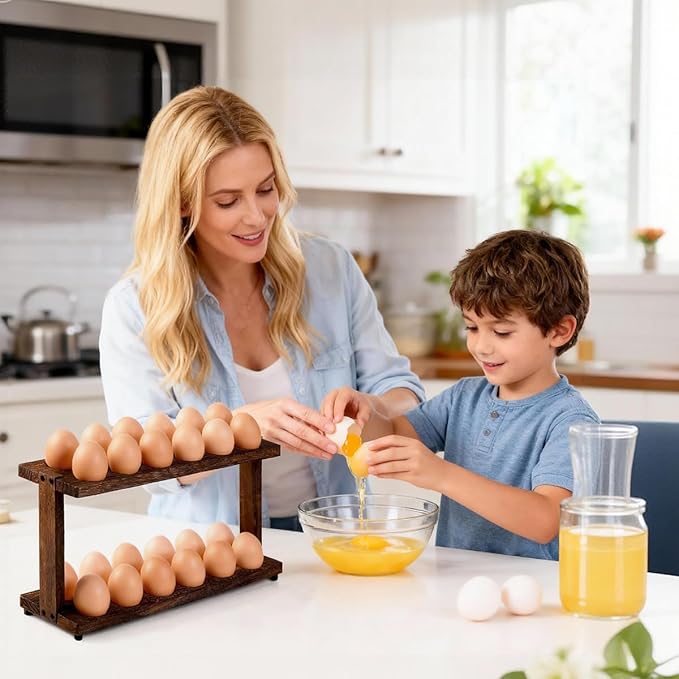 PEKER Wooden Egg Holder, 2-Tier Countertop Egg Rack, 24-Egg Capacity (Paulownia Wood), Farmhouse Kitchen Organizer for Fresh Eggs